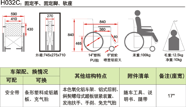 魚躍輪椅車（H032C）技術參數